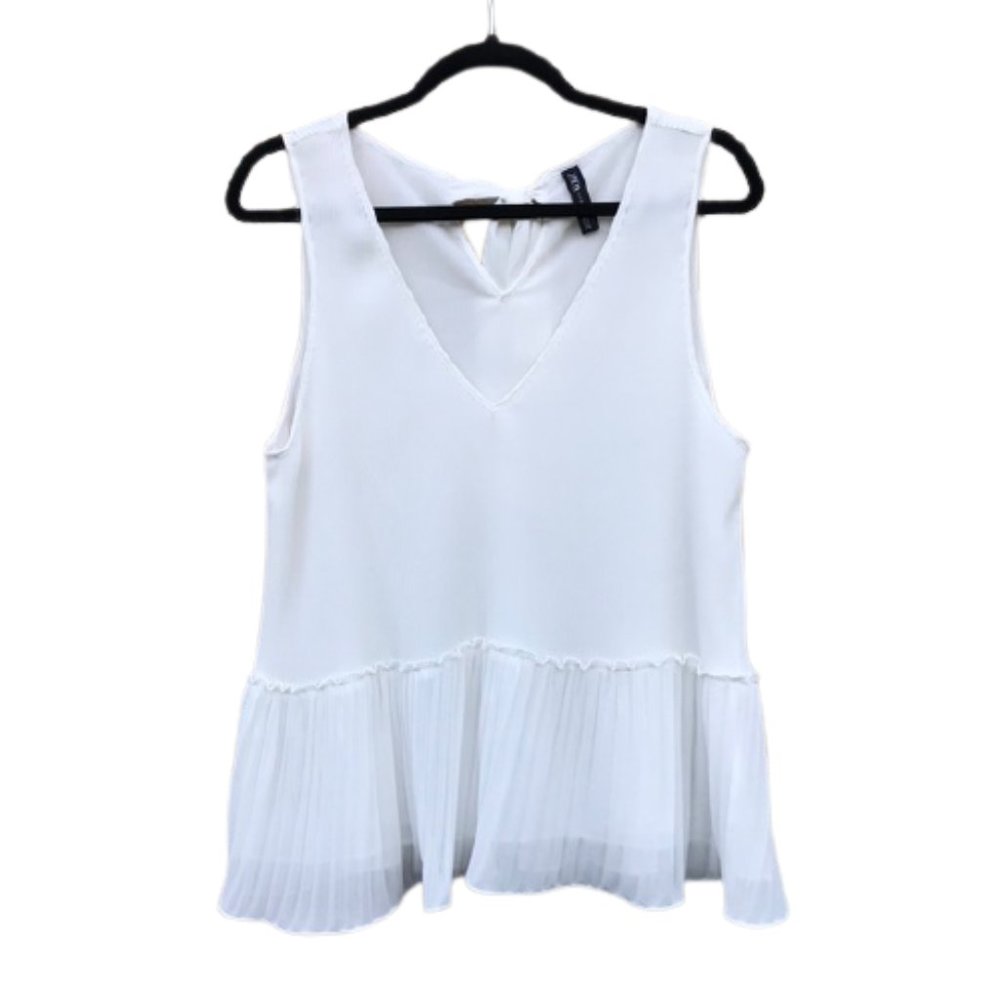Zara Pleated V-Neck White Peplum Ruffle Swing Tank Top Sz S